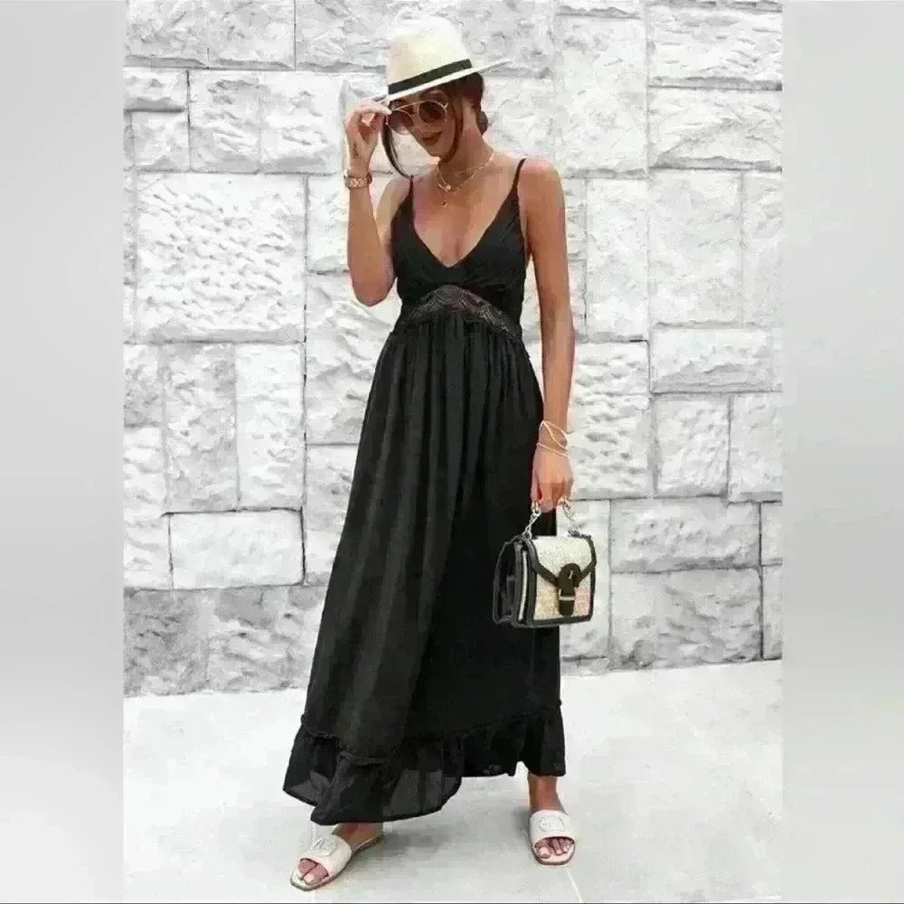 NWT JASON WU Black Linen Maxi‎ Dress Crochet Size L